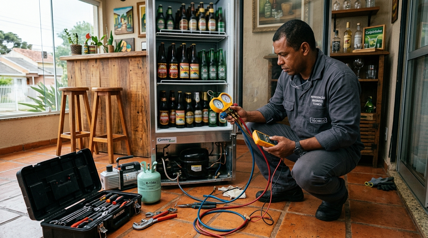 Profissional executando reparo no motor de cervejeira em Manaus‑AM